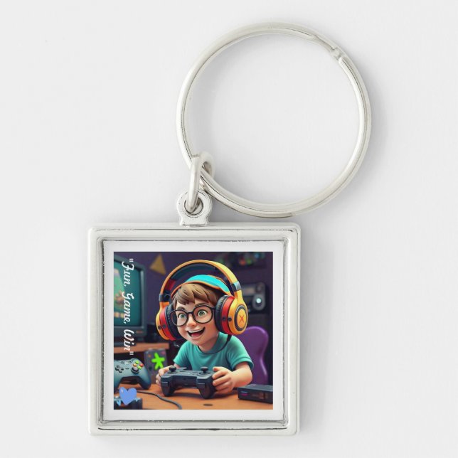 "Dynamic Gaming Tecknad" Fyrkantig Silverfärgad Nyckelring (Framsidan)