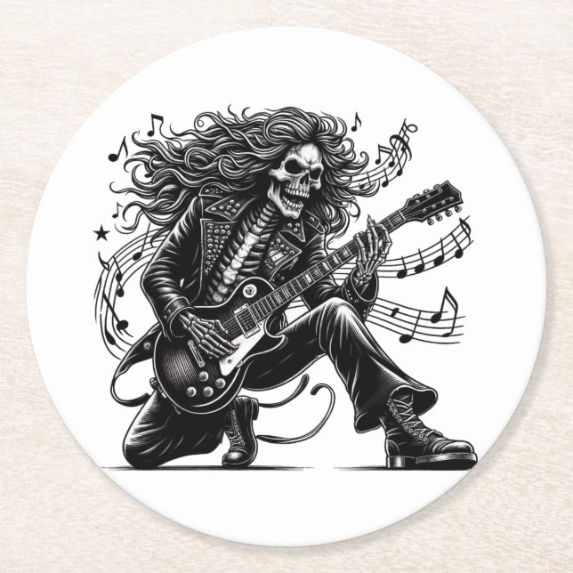 Dynamic Skeleton Rockstar Spelar Electric Guitar Underlägg Papper Rund (Framsidan)