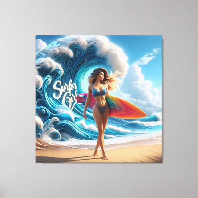 Dynamic Surfer Girl Walking Beach Waves Art Canvastryck (Framsida)