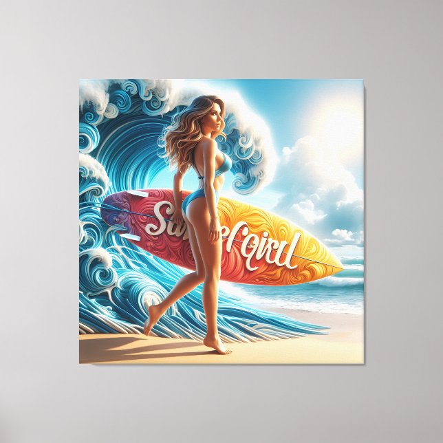 Dynamic Surfer Girl Walking Beach Waves Art Canvastryck (Framsida)