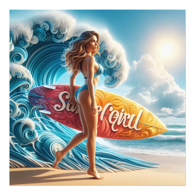 Dynamic Surfer Girl Walking Beach Waves Art Fototryck (Framsidan)