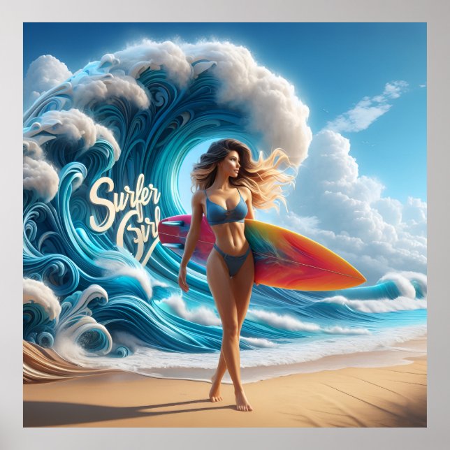 Dynamic Surfer Girl Walking Beach Waves Art Poster (Framsidan)