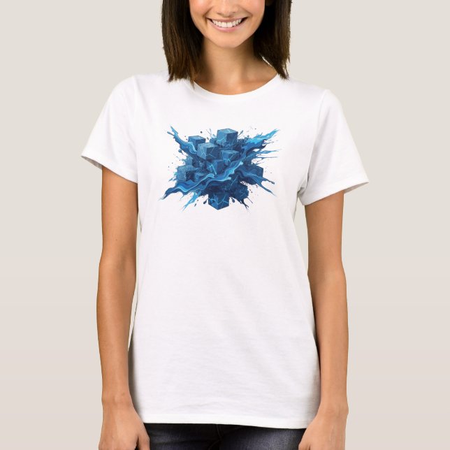 Dynamisk Blå Abstrakt Kuber Grafisk T-Shirt (Framsida)