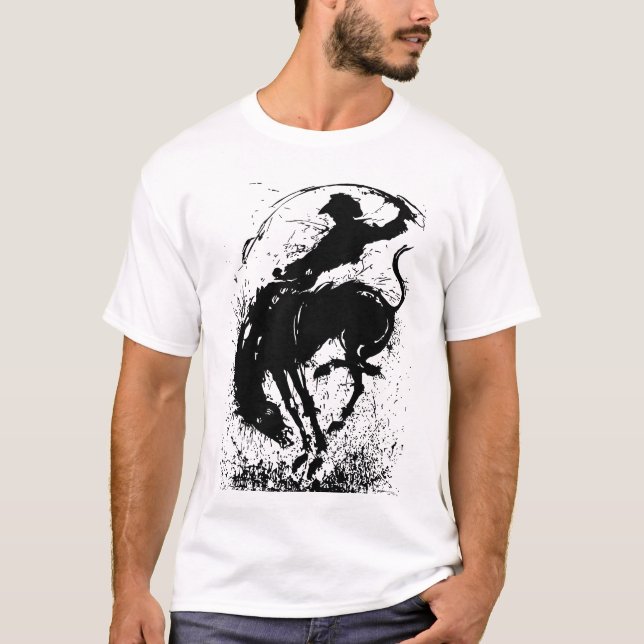 Dynamisk Cowboy Rodeo Silhuett Konst T Shirt (Framsida)