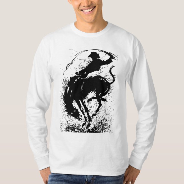 Dynamisk Cowboy Rodeo Silhuett Konst T Shirt (Framsida)