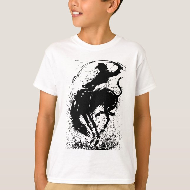 Dynamisk Cowboy Rodeo Silhuett Konst T Shirt (Framsida)
