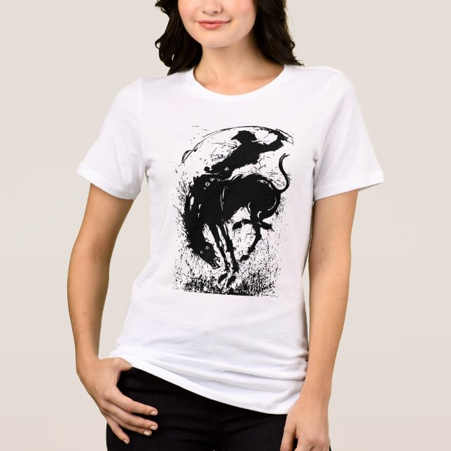 Dynamisk Cowboy Rodeo Silhuett Konst T Shirt (Framsida)