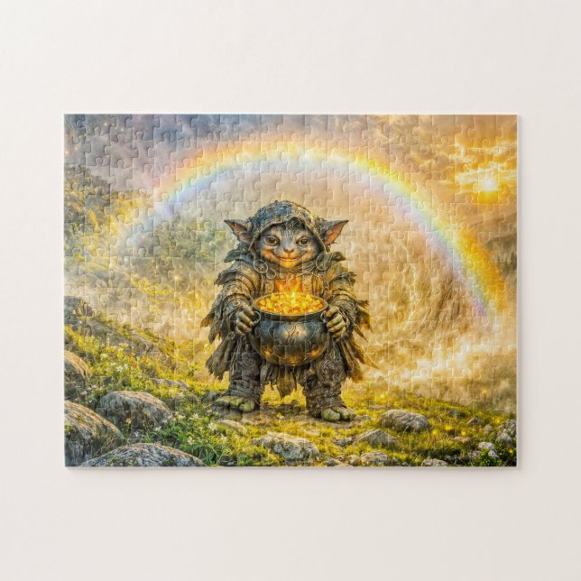 Dynamisk fantasigoblin med regnbågspotatis av guld pussel (Horisontell)