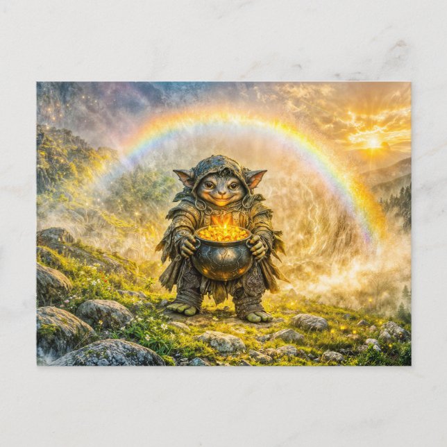 Dynamisk fantasigoblin med regnbågspotatis av guld vykort (Framsida)