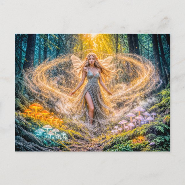 Dynamisk Fantasy Älva i Förtrollad Skog Svamp M Vykort (Framsida)