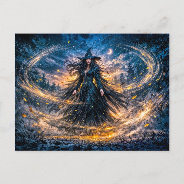 Dynamisk Fantasy Häxa med Magisk Atmosfärisk Energ Vykort (Framsida)