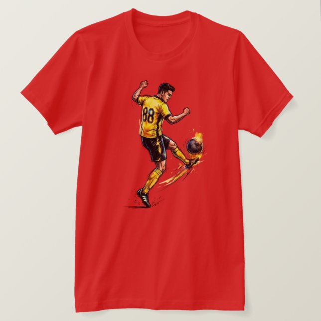 Dynamisk fotbollsspelare sparkar boll-grafik. t shirt (Design framsida)