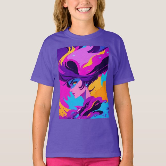 Dynamisk kvinnlig animeprofil i ljust rosa t shirt (Framsida)