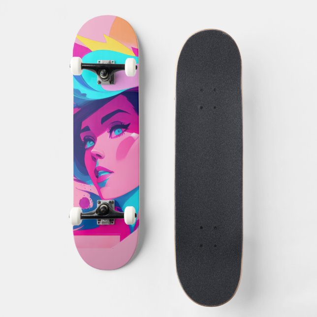 Dynamisk kvinnlig profil i ljust rosa och blått mini skateboard bräda 18,5 cm (Framsida)