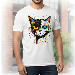 Dynamisk Målarstänk Katt Ansikte Vit Herrarnas T Shirt