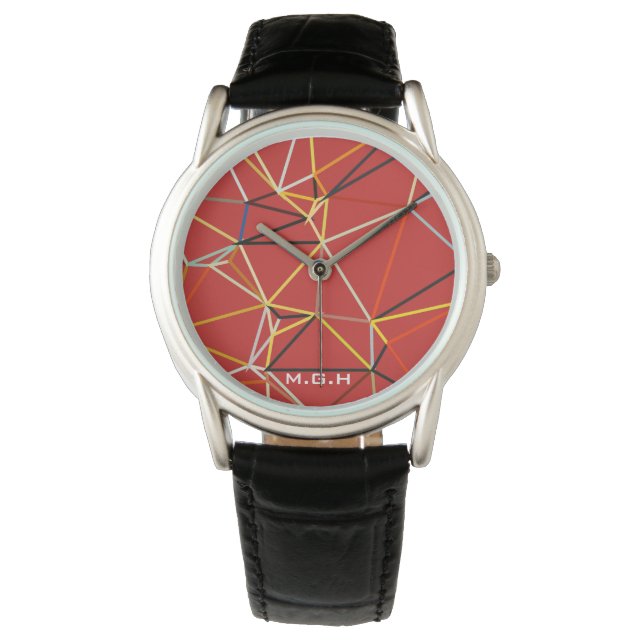 Dynamisk röd abstrakt geometrisk monogram armbandsur (Framsida)