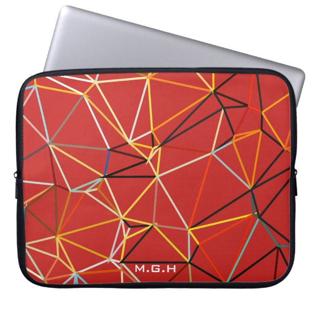 Dynamisk röd abstrakt geometrisk monogram laptop fodral (Framsidan)