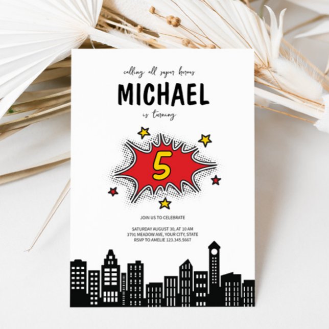 Dynamisk superhjälte 5:e födelsedagsinbjudan inbjudningar (Skapare uppladdad)