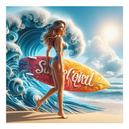 Dynamisk Surfartjej som Går på Strandvågor Konst Fototryck