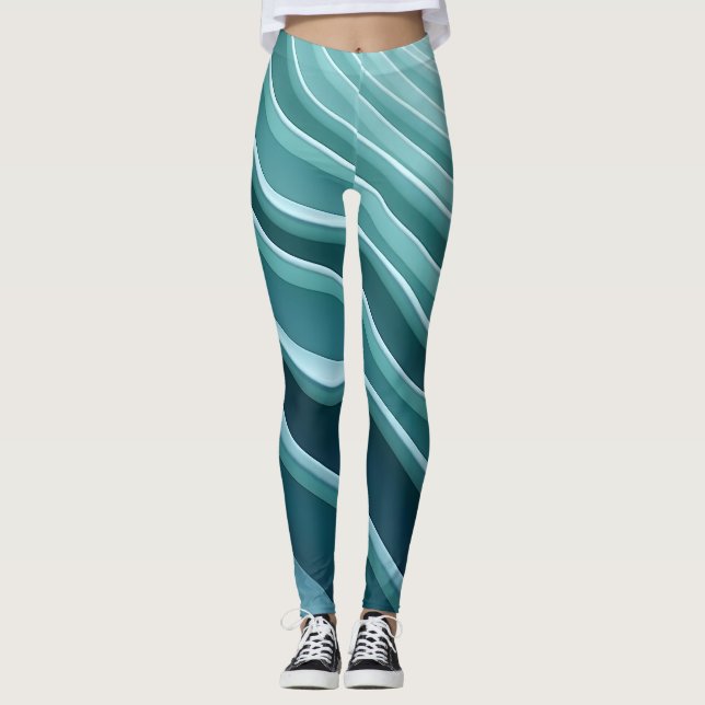 Dynamisk våg mönster i teal och turkos leggings (Framsida)