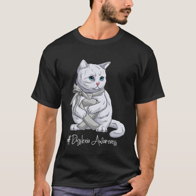 Dyslexia Awareness Month Silver Ribbon Cat T Shirt (Framsida)