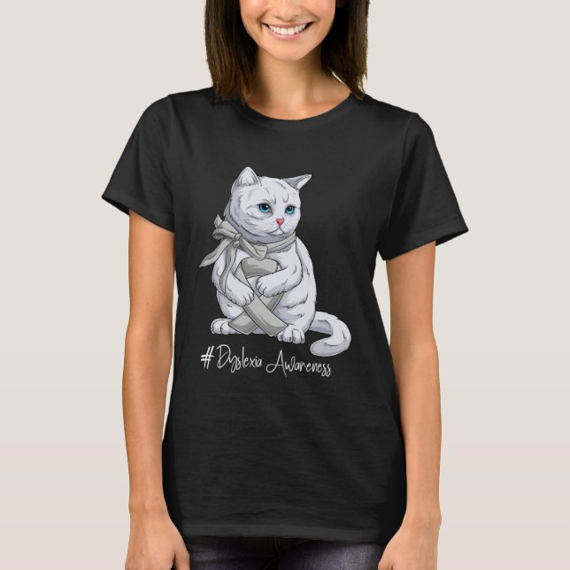 Dyslexia Awareness Month Silver Ribbon Cat T Shirt (Framsida)