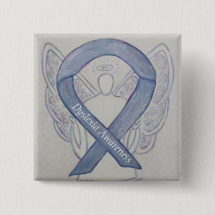 Dyslexia Silver Awareness Ribbon Angel Anpassnings Knapp