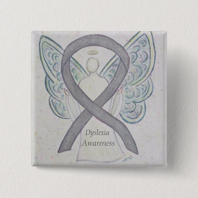 Dyslexia Silver Awareness Ribbon Angel Anpassnings Knapp (Framsida)
