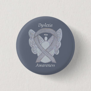 Dyslexia Silver Awareness Ribbon Angel Anpassnings Knapp