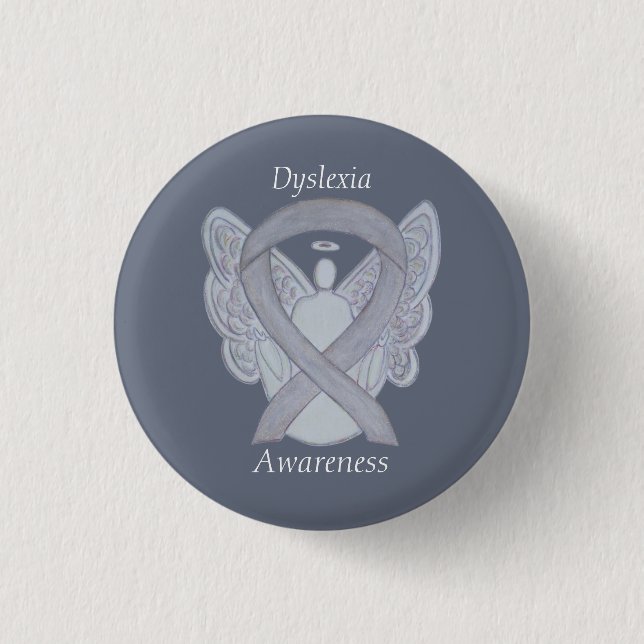 Dyslexia Silver Awareness Ribbon Angel Anpassnings Knapp (Framsida)