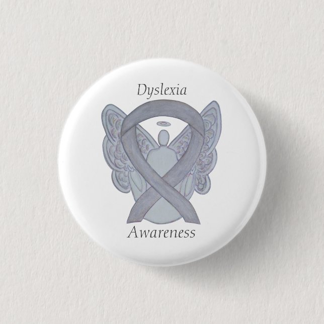 Dyslexia Silver Awareness Ribbon Angel Anpassnings Knapp (Framsida)