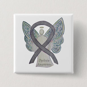 Dyslexia Silver Awareness Ribbon Angel Anpassnings Knapp