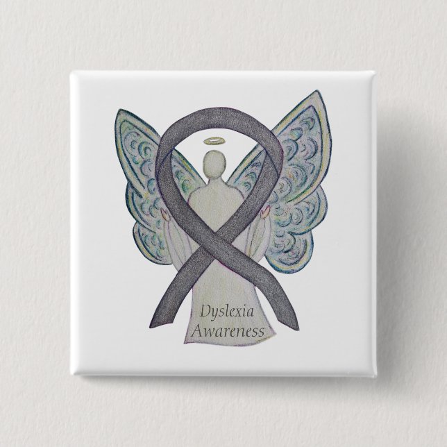 Dyslexia Silver Awareness Ribbon Angel Anpassnings Knapp (Framsida)