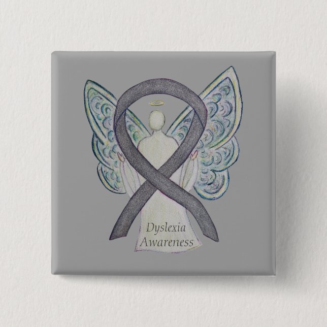 Dyslexia Silver Awareness Ribbon Angel Anpassnings Knapp (Framsida)