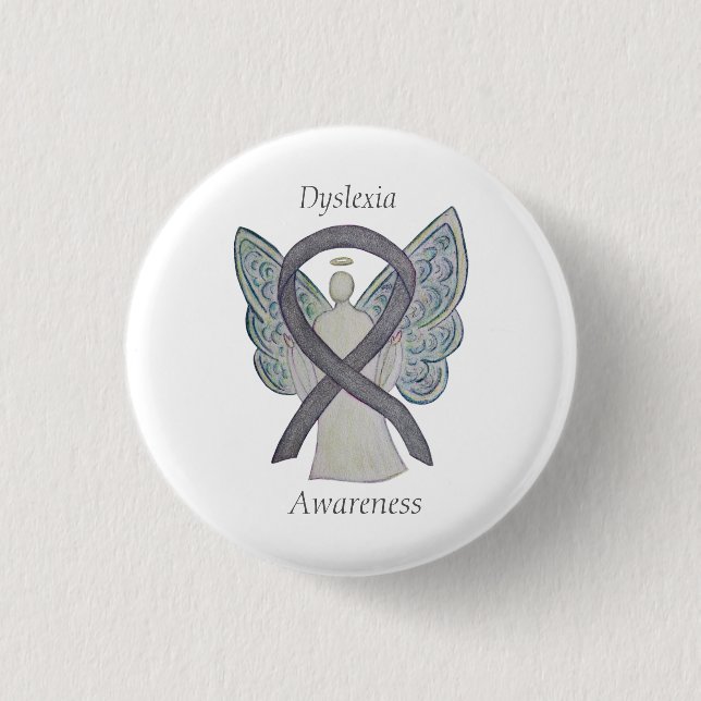 Dyslexia Silver Awareness Ribbon Angel Anpassnings Knapp (Framsida)