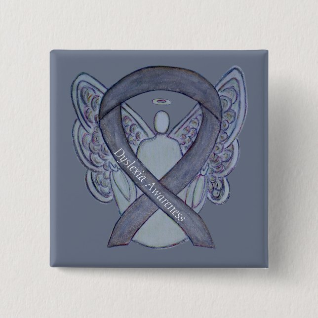 Dyslexia Silver Awareness Ribbon Angel Anpassnings Knapp (Framsida)