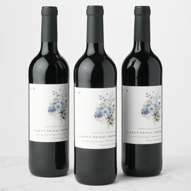 Dyster blå akvarell stuga blommande bröllopsdusch vinflaska etikett (Flaskor)