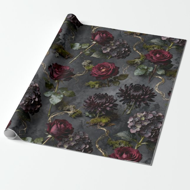 Dyster Blomma  Mörkt Blommigt Gåva Presentpapper (Utrullad)