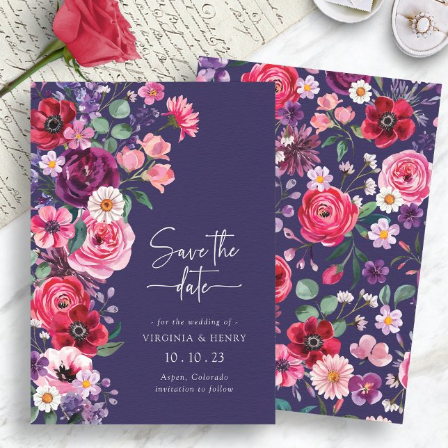 Dyster Blomma Spara Datumet (Moody Navy Blue Floral Save The Date Card by Painted Paperie
)