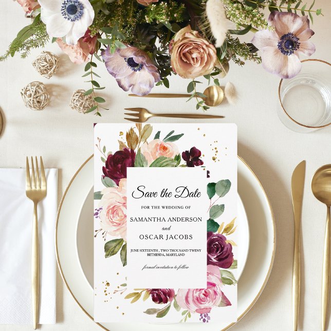 Dyster Burgund Blommig | Rustik Akvarell Spara Datumet (Skapare uppladdad)