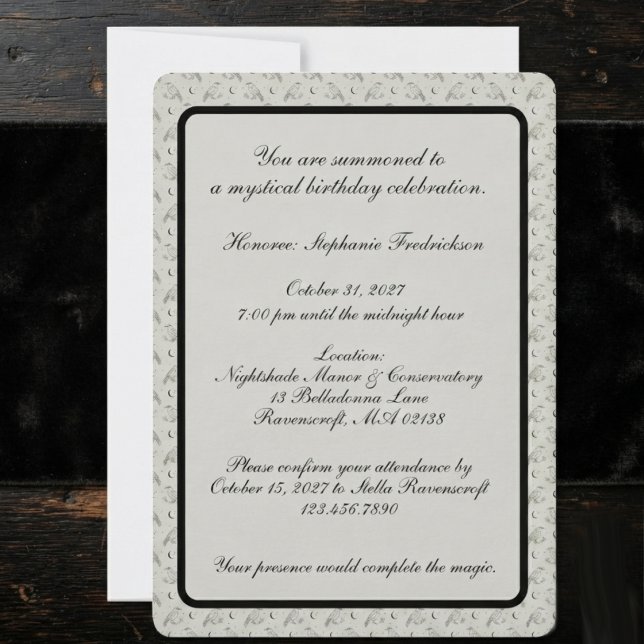 Dyster gotisk askrav inbjudningar (Gothic raven invitation for dark academia fans celebrating a milestone birthday.)