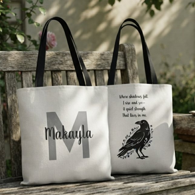 Dyster poetisk gotisk onyx korps silhuett tygkasse (Poetic onyx raven tote bag for dark academia students and Halloween book club gatherings.)