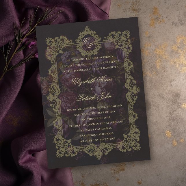 Dyster viktoriansk spets botanisk vapensköld mörkt inbjudningar (moody wedding invitation victorian antique lace crest dark burgundy purple peony floral gold)