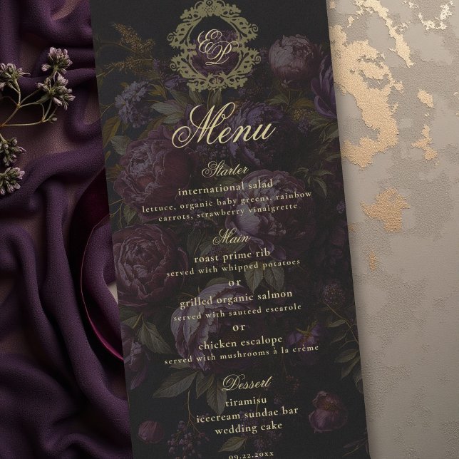 Dyster viktoriansk spets botanisk vapensköld mörkt meny (moody wedding invitation suite victorian lace dark purple burgundy peony old gold crest romantic)