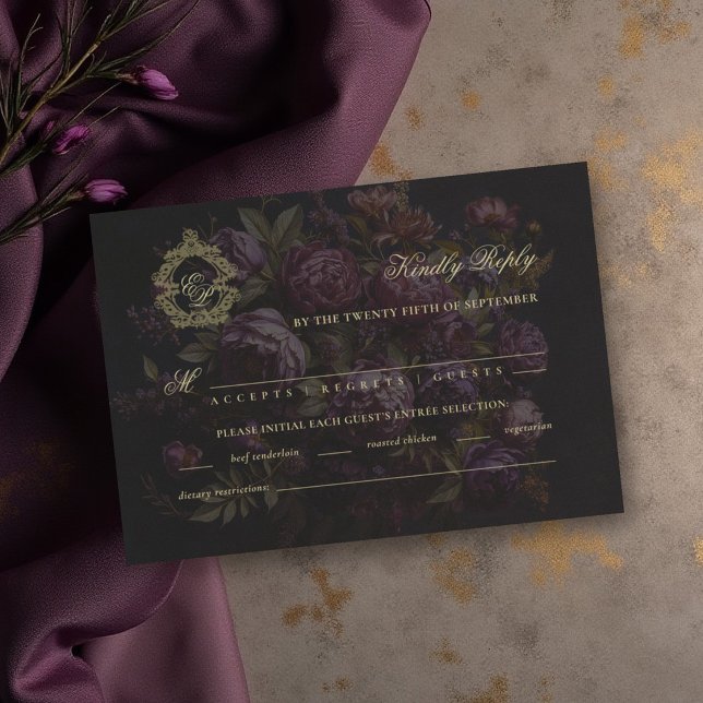 Dyster viktoriansk spets botanisk vapensköld mörkt OSA kort (moody wedding rsvp card reply victorian antique lace crest dark burgundy purple peony floral gold)