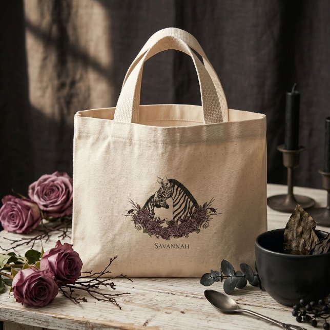 Dyster Zebra Mamma och Bebis Mini Tygkasse (Moody Zebra Mini Tote with hand-drawn mommy and baby alaternative zebra ink art and mauve roses)
