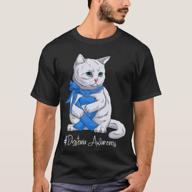 Dystonia Awareness Month Blue Ribbon Cat T Shirt (Framsida)
