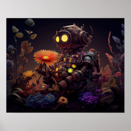 Dystopian Robot med Orange Flower Poster