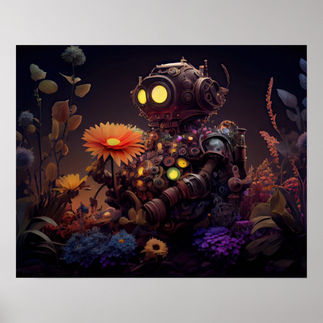 Dystopian Robot med Orange Flower Poster (Framsidan)