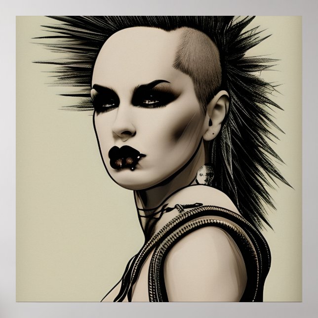 Dystopian Woman Punk Rocker Mohawk och Piercings Poster (Framsidan)